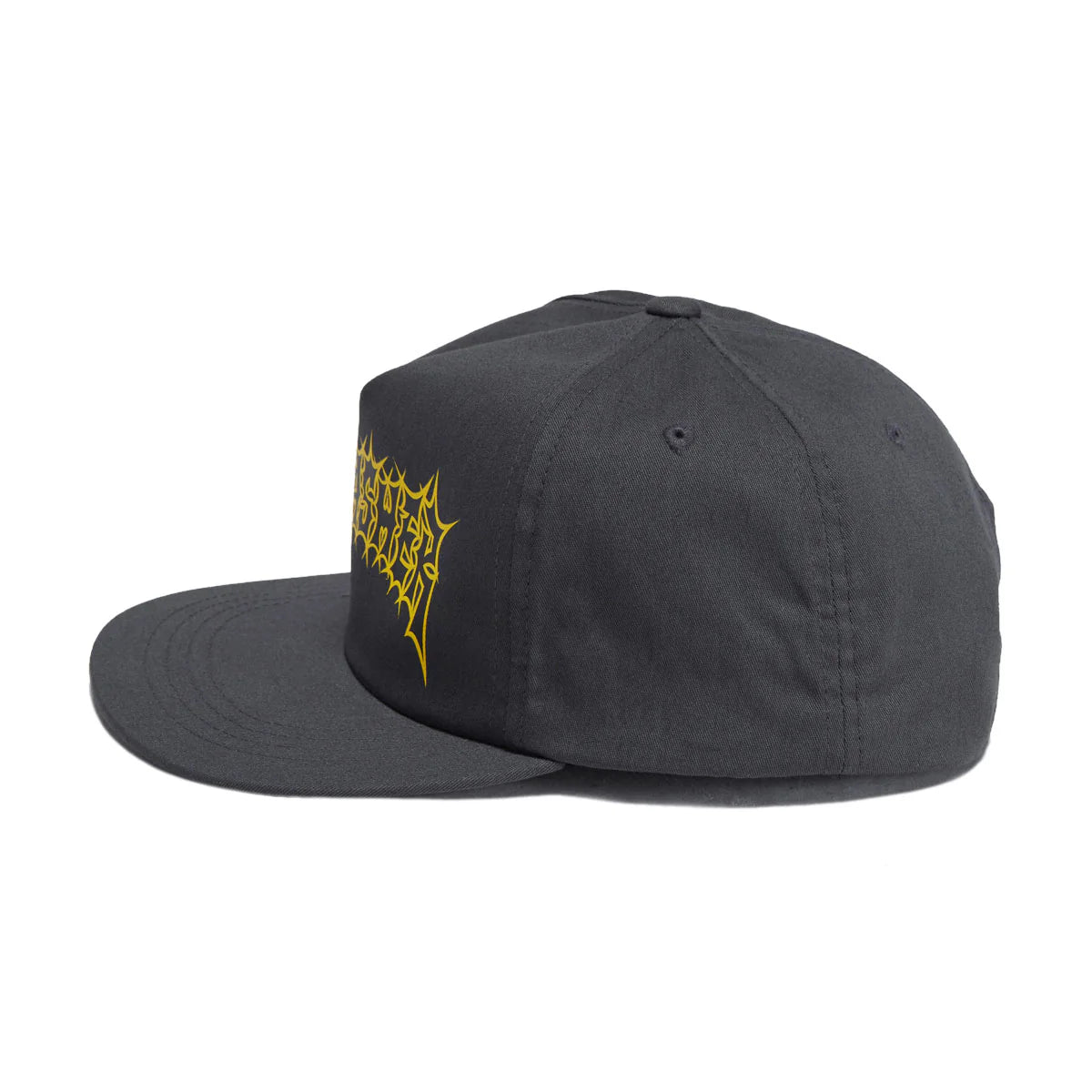 Black cap with yellow logo on a white background