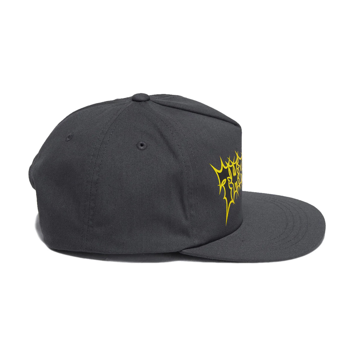 Black cap with yellow logo on a white background