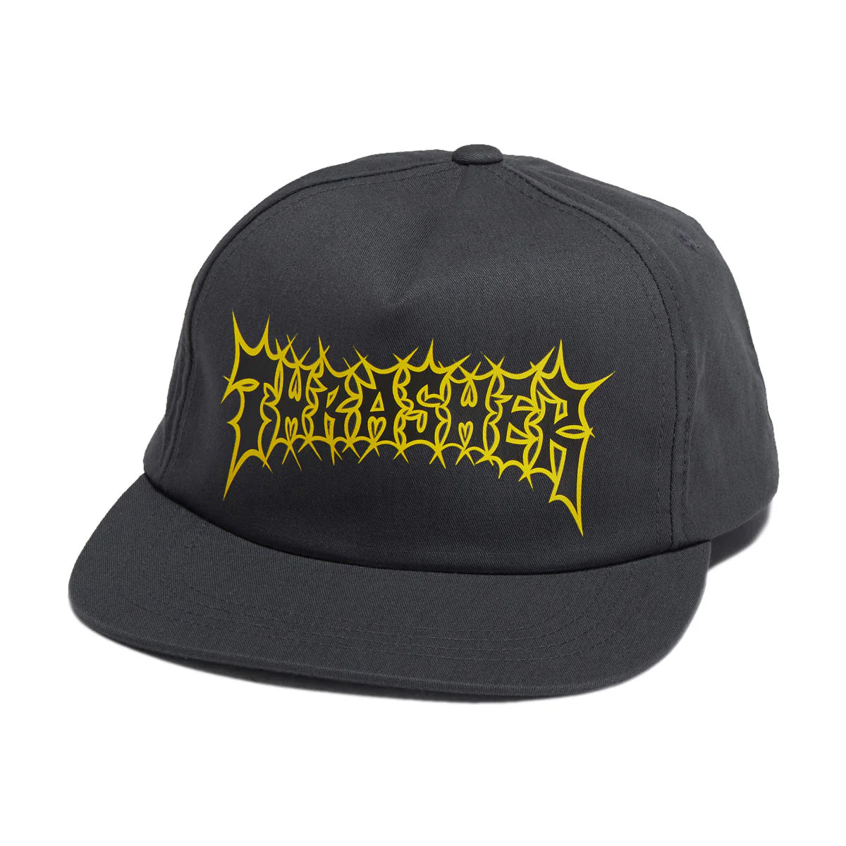 Black cap with yellow logo on a white background