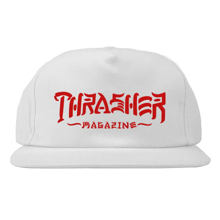 White cap with red 'Thrasher Magazine' logo on a light gray background