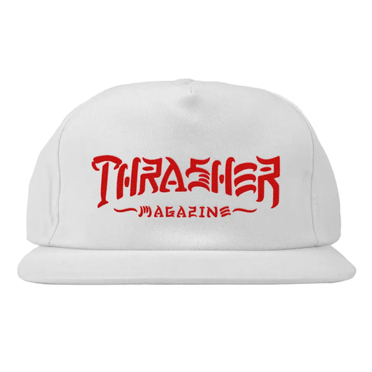 White cap with red 'Thrasher Magazine' logo on a light gray background