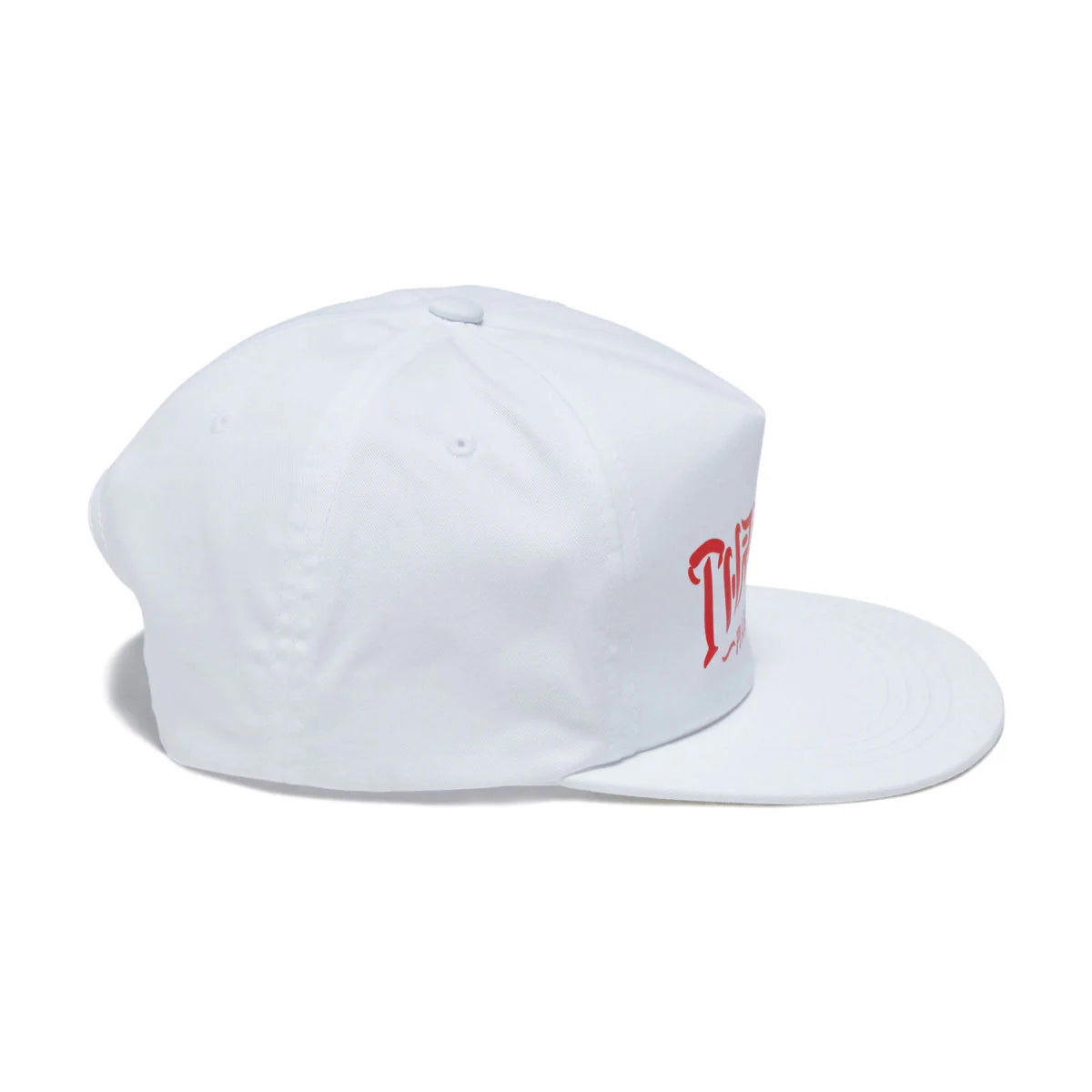 White cap with red logo on a white background