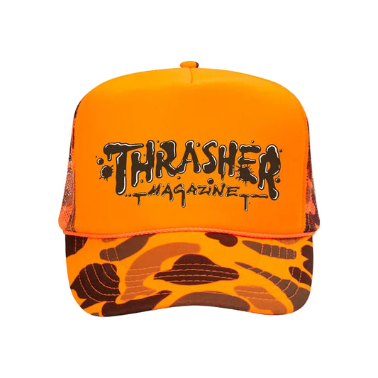 Orange cap with camouflage pattern and 'Thrasher Magazine' logo on a white background