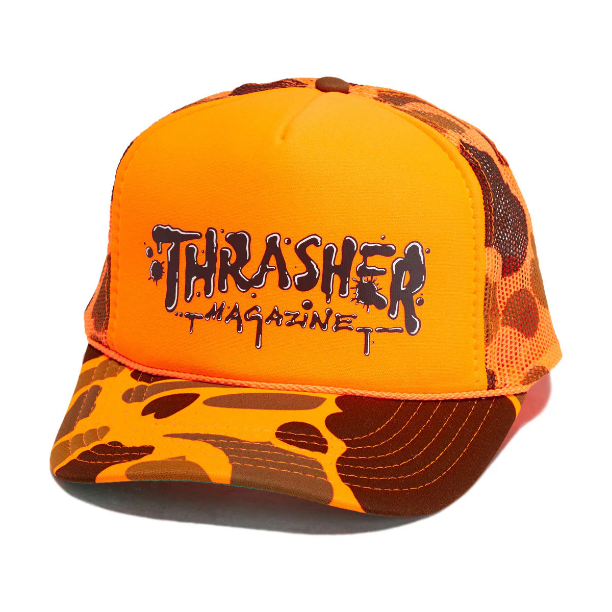 Orange and brown camouflage cap with Thrasher Magazine logo on a white background