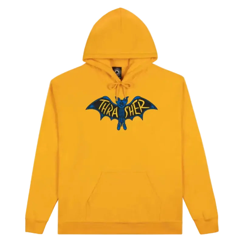 Yellow hoodie with a bat logo on a white background