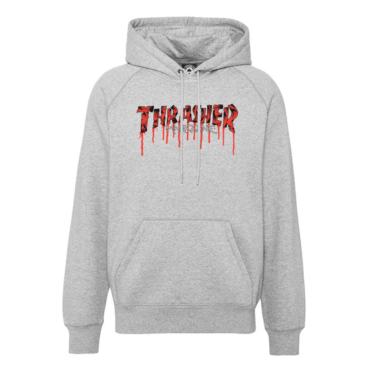 Gray hoodie with 'Thrasher' logo on a white background