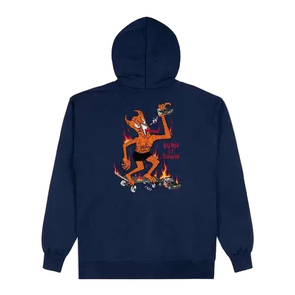 Navy blue hoodie with a graphic design on the back against a white background