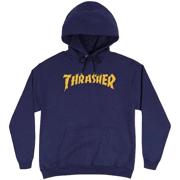 Navy blue hoodie with yellow 'Thrasher' logo on a light gray background