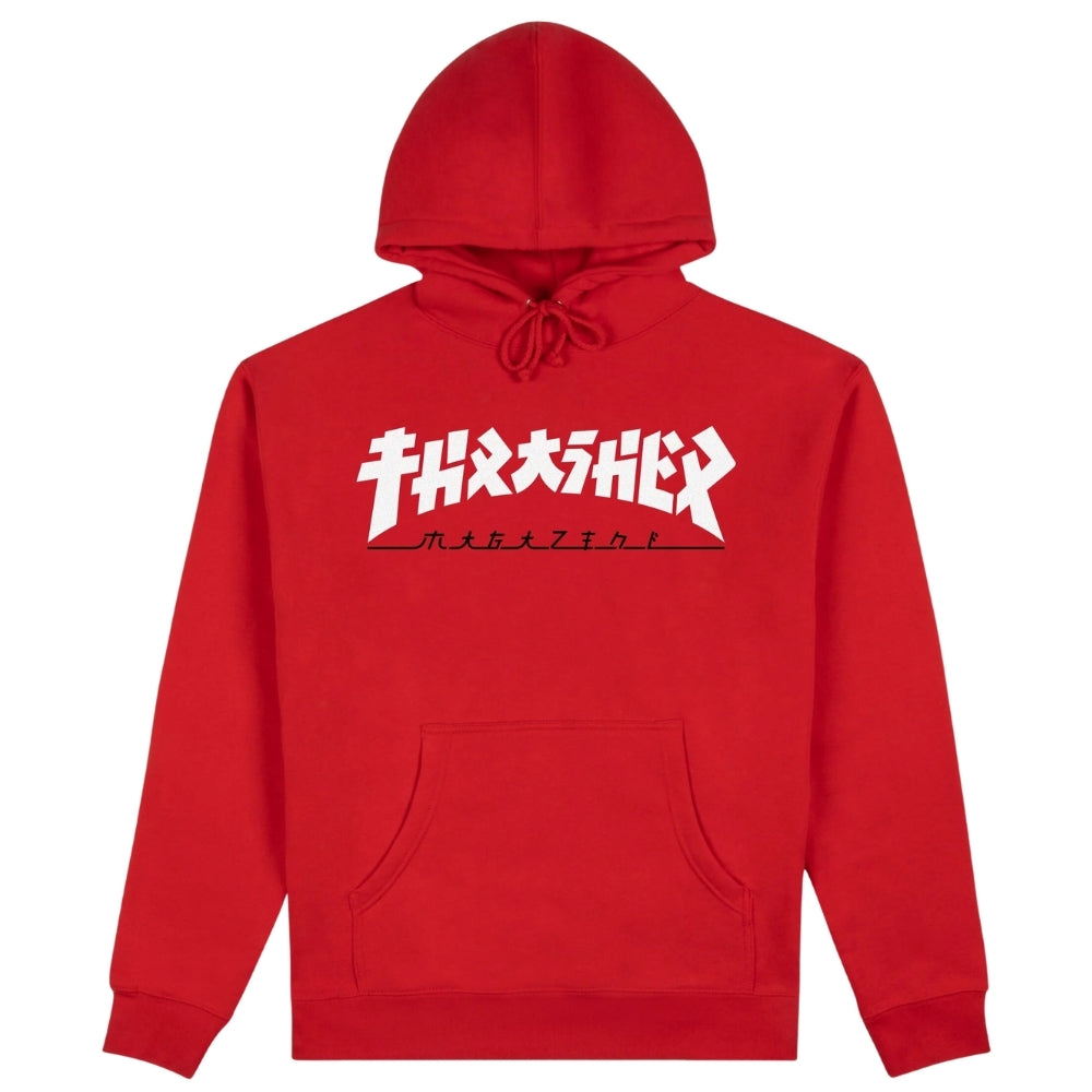Red hoodie with white and black text on a white background