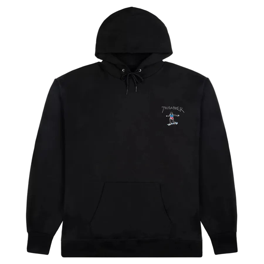 Black hoodie with a small logo on the chest against a white background