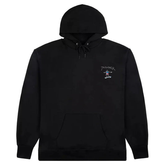 Black hoodie with a small logo on the chest against a white background