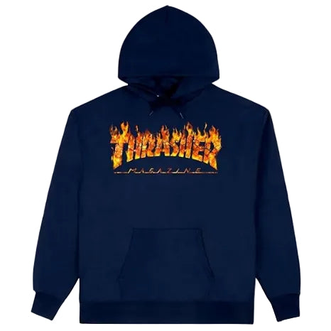 Navy blue hoodie with flame-themed 'Thrasher' logo on a white background
