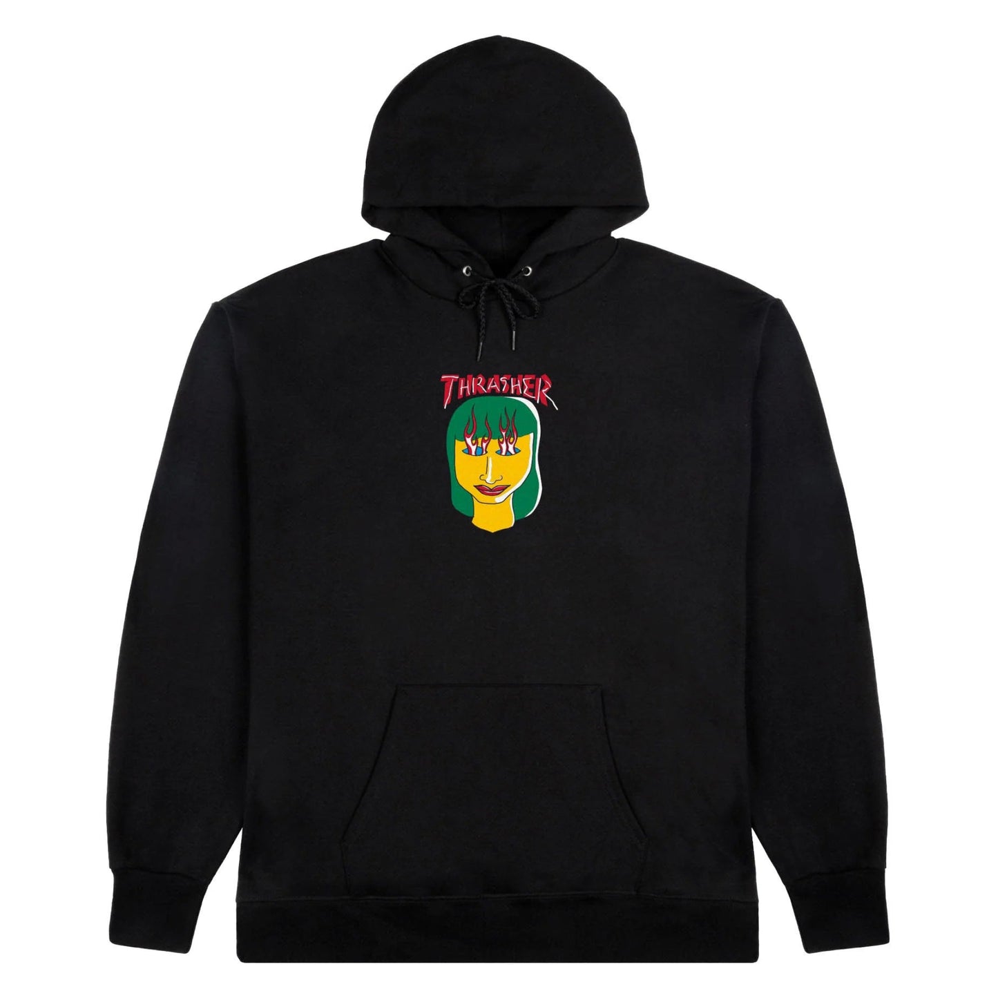 Black hoodie with a colorful graphic on a white background