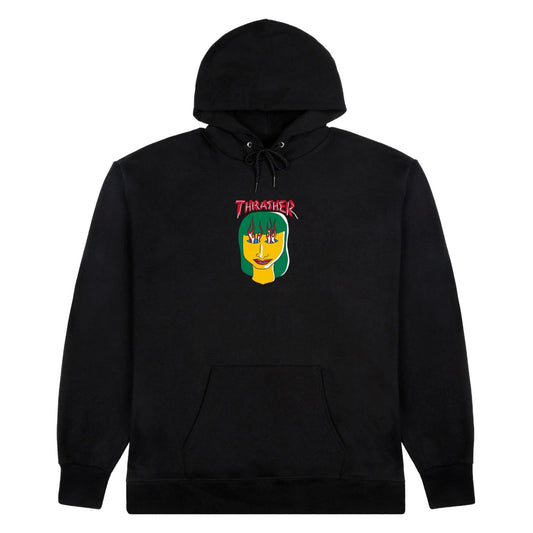 Black hoodie with a colorful graphic on a white background
