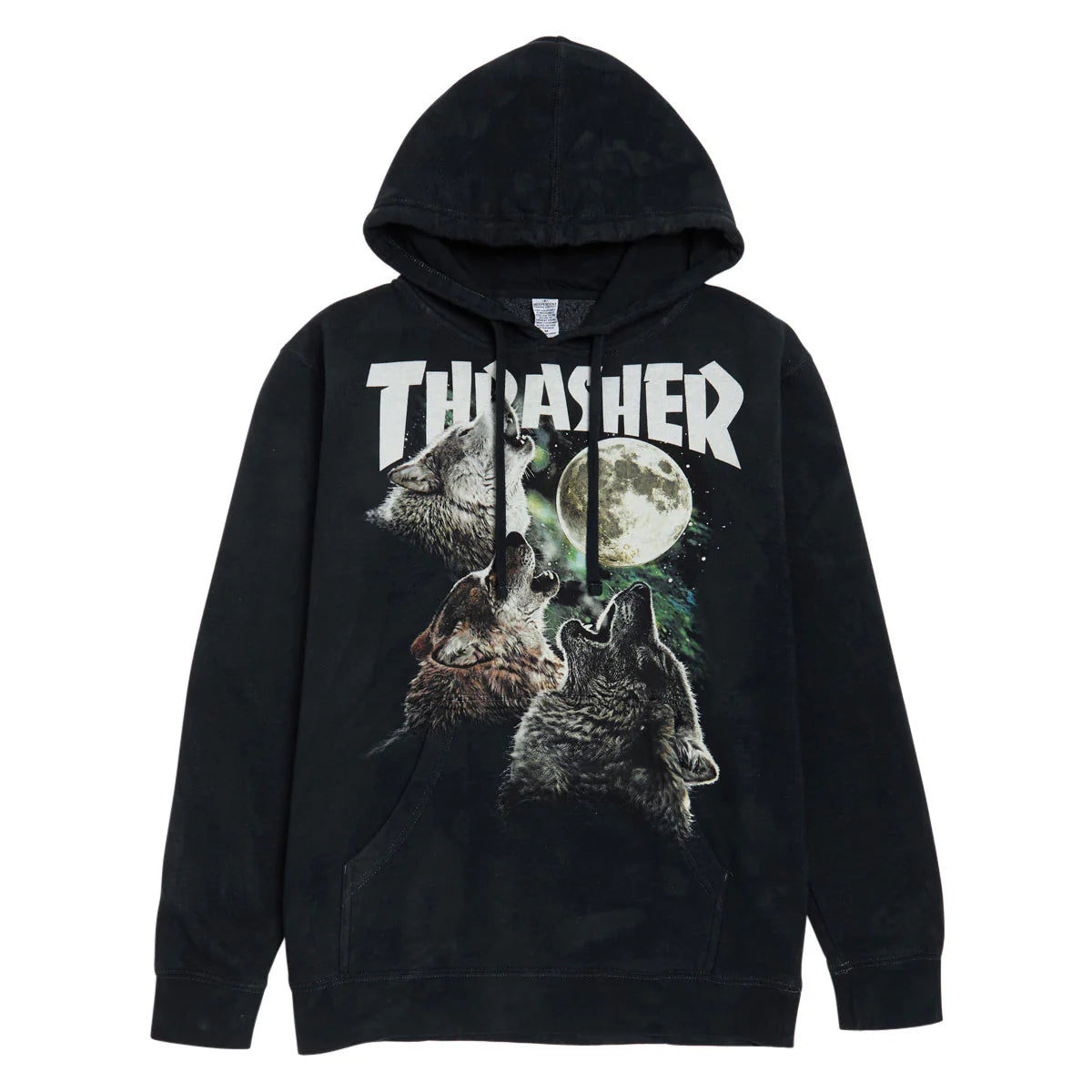 Black hoodie with wolf graphic and 'Thrasher' branding on a white background
