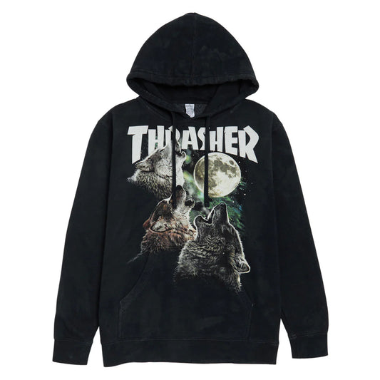 Black hoodie with wolf graphic and 'Thrasher' branding on a white background