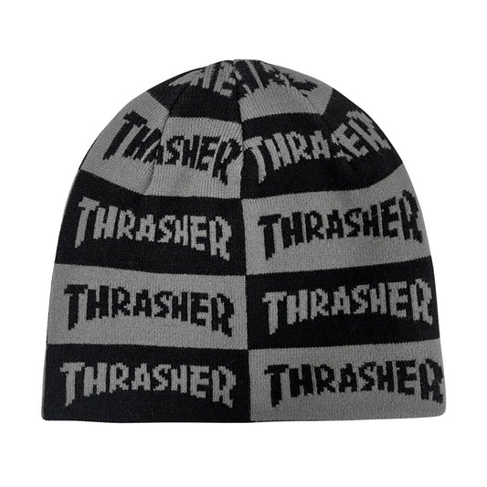 Black and gray beanie with 'Thrasher' logo pattern on a white background