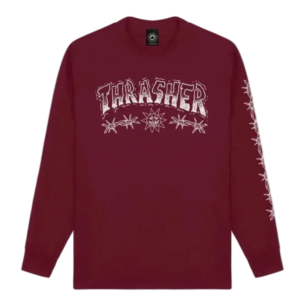Maroon long-sleeve shirt with 'Thrasher' logo on a white background