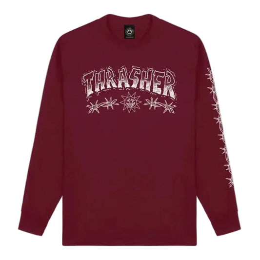 Maroon long-sleeve shirt with 'Thrasher' logo on a white background