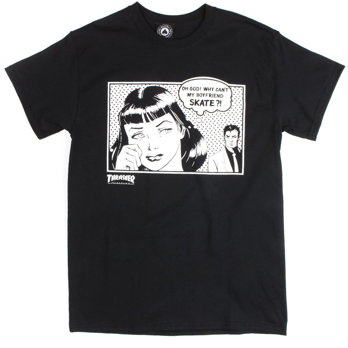Black t-shirt with a graphic design of a woman and a man, featuring the 'Thrasher' logo.