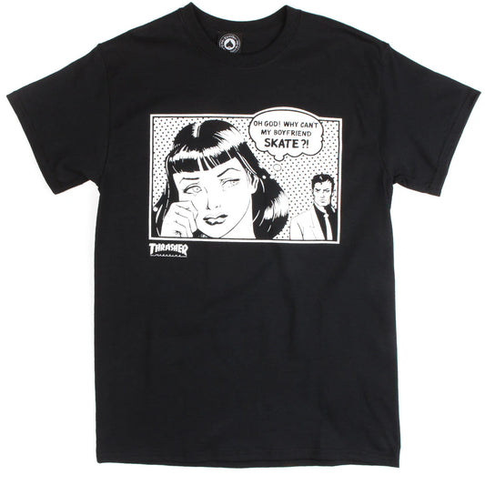 Black t-shirt with a graphic design of a woman and a man, featuring the 'Thrasher' logo.