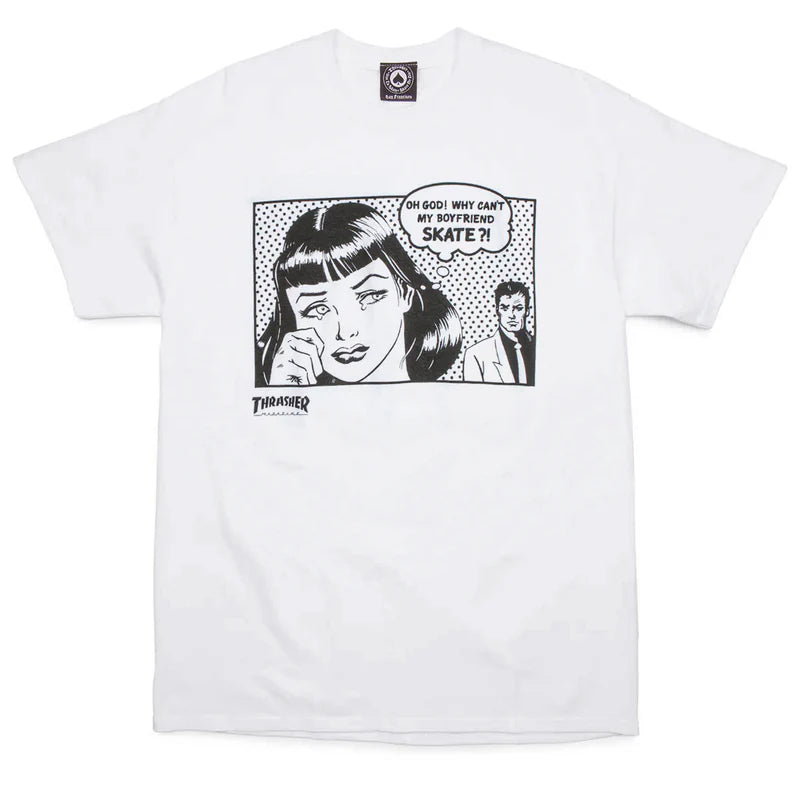 White t-shirt with a graphic design of a woman and text, featuring the Thrasher logo.