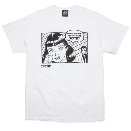 White t-shirt with a graphic design of a woman and text, featuring the Thrasher logo.