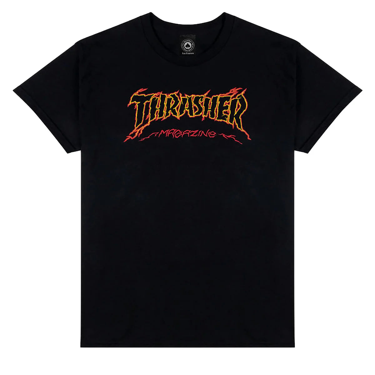 Black t-shirt with red and white 'Thrasher Magazine' logo on a white background