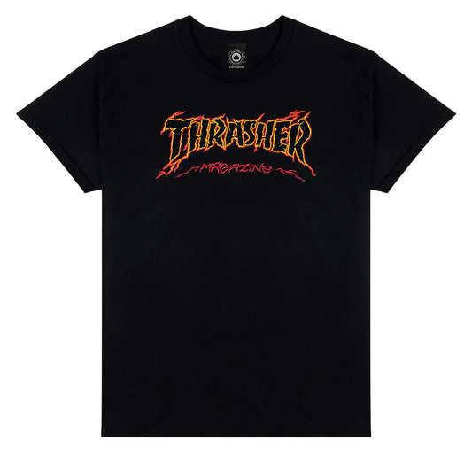 Black t-shirt with red and white 'Thrasher Magazine' logo on a white background