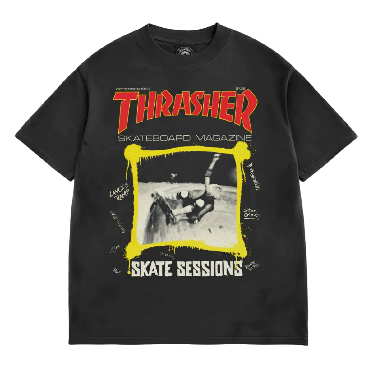 Black t-shirt with Thrasher Skateboard Magazine graphic on a white background
