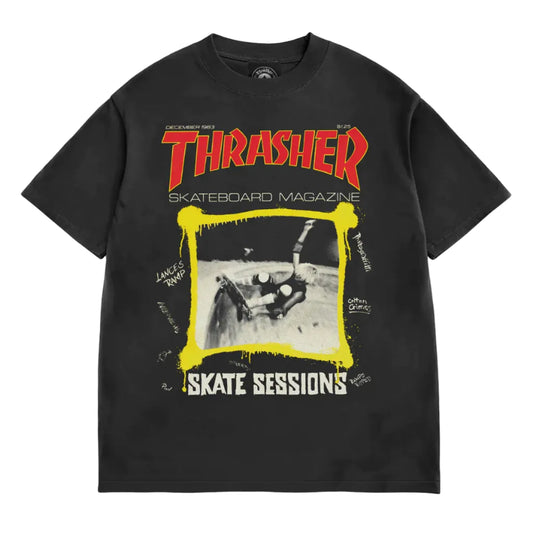 Black t-shirt with Thrasher Skateboard Magazine graphic on a white background