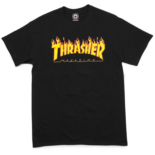 Black t-shirt with yellow and red 'Thrasher Magazine' logo on a white background