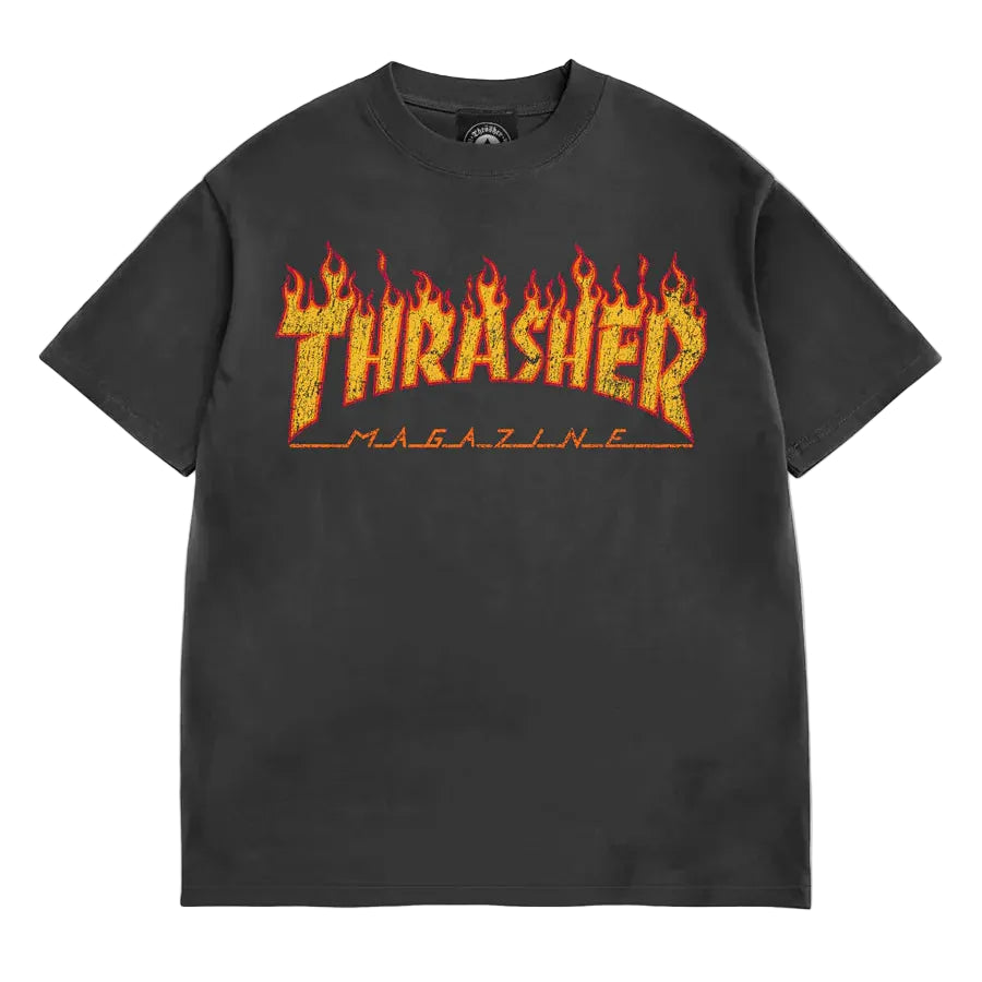 Black t-shirt with 'Thrasher Magazine' flame logo on a white background