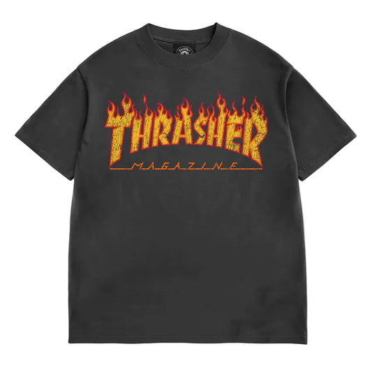 Black t-shirt with 'Thrasher Magazine' flame logo on a white background