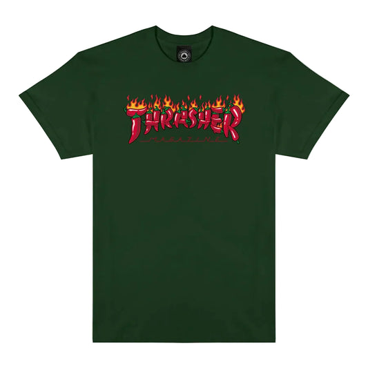 Green t-shirt with red and yellow 'Thrasher' logo on a white background