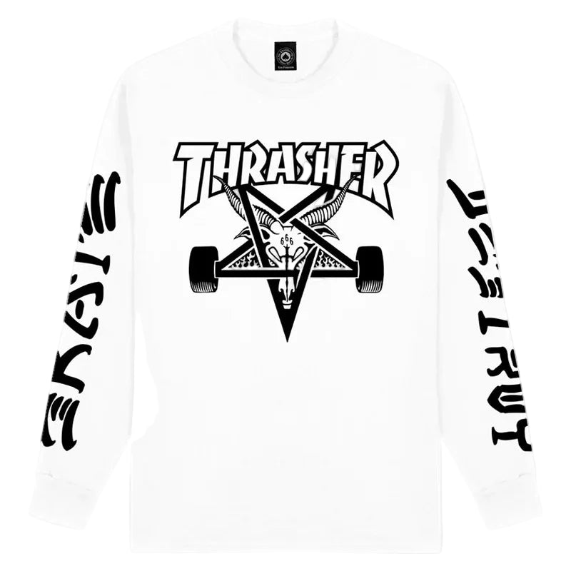 White t-shirt with black 'Thrasher' logo and design on a white background