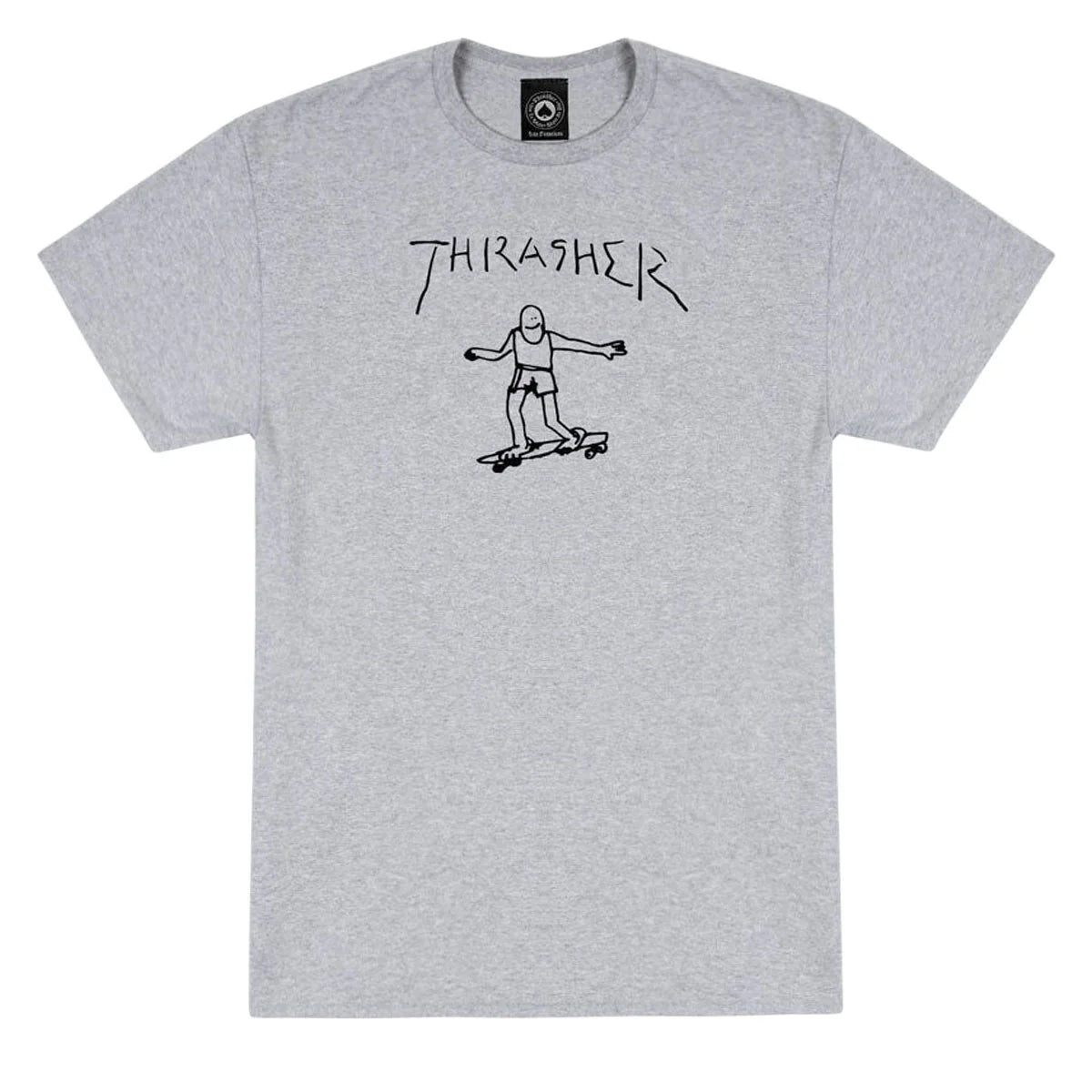 Gray t-shirt with a graphic of a person on a skateboard and 'Thrasher' text on a white background