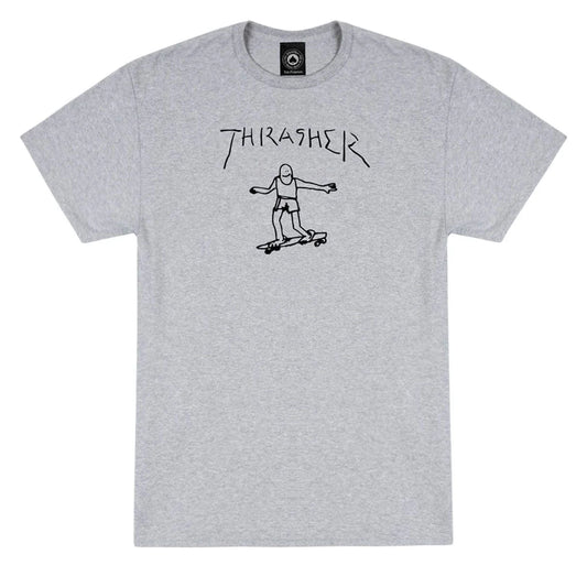 Gray t-shirt with a graphic of a person on a skateboard and 'Thrasher' text on a white background