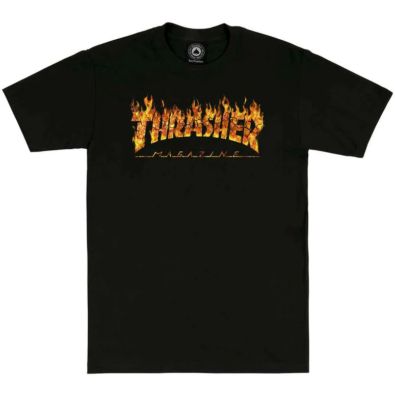 Black t-shirt with flame-themed 'Thrasher Magazine' logo on a white background