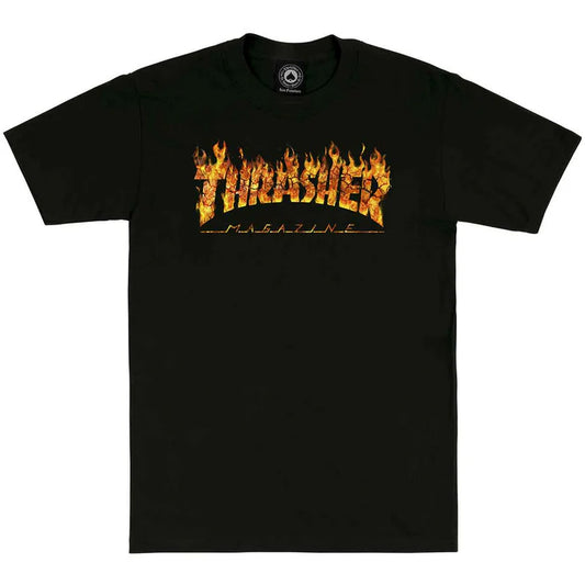 Black t-shirt with flame-themed 'Thrasher Magazine' logo on a white background