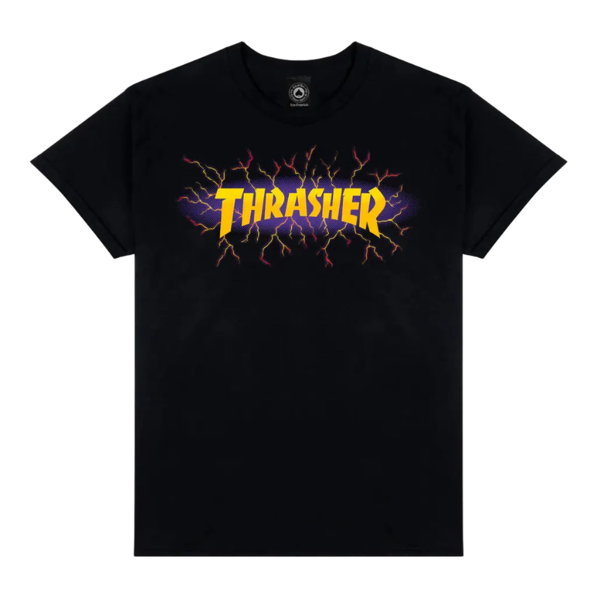 Black t-shirt with Thrasher logo on a light gray background