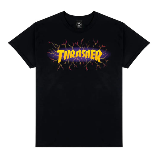 Black t-shirt with Thrasher logo on a light gray background