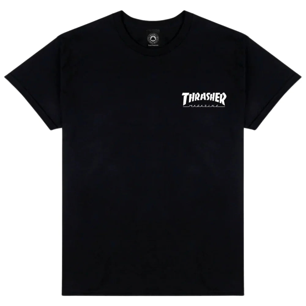 Black t-shirt with Thrasher logo on a white background