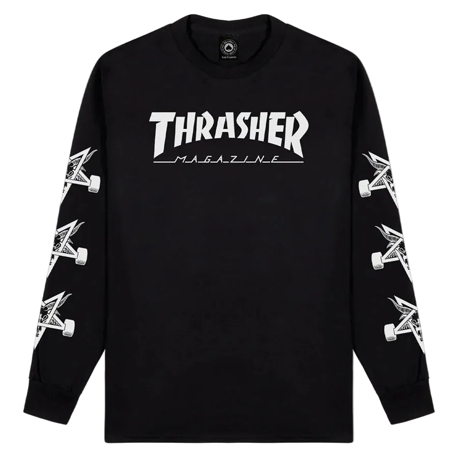 Black long-sleeve shirt with 'Thrasher Magazine' logo and skateboard design on sleeves against a white background