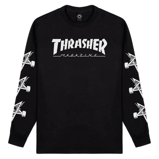Black long-sleeve shirt with 'Thrasher Magazine' logo and skateboard design on sleeves against a white background