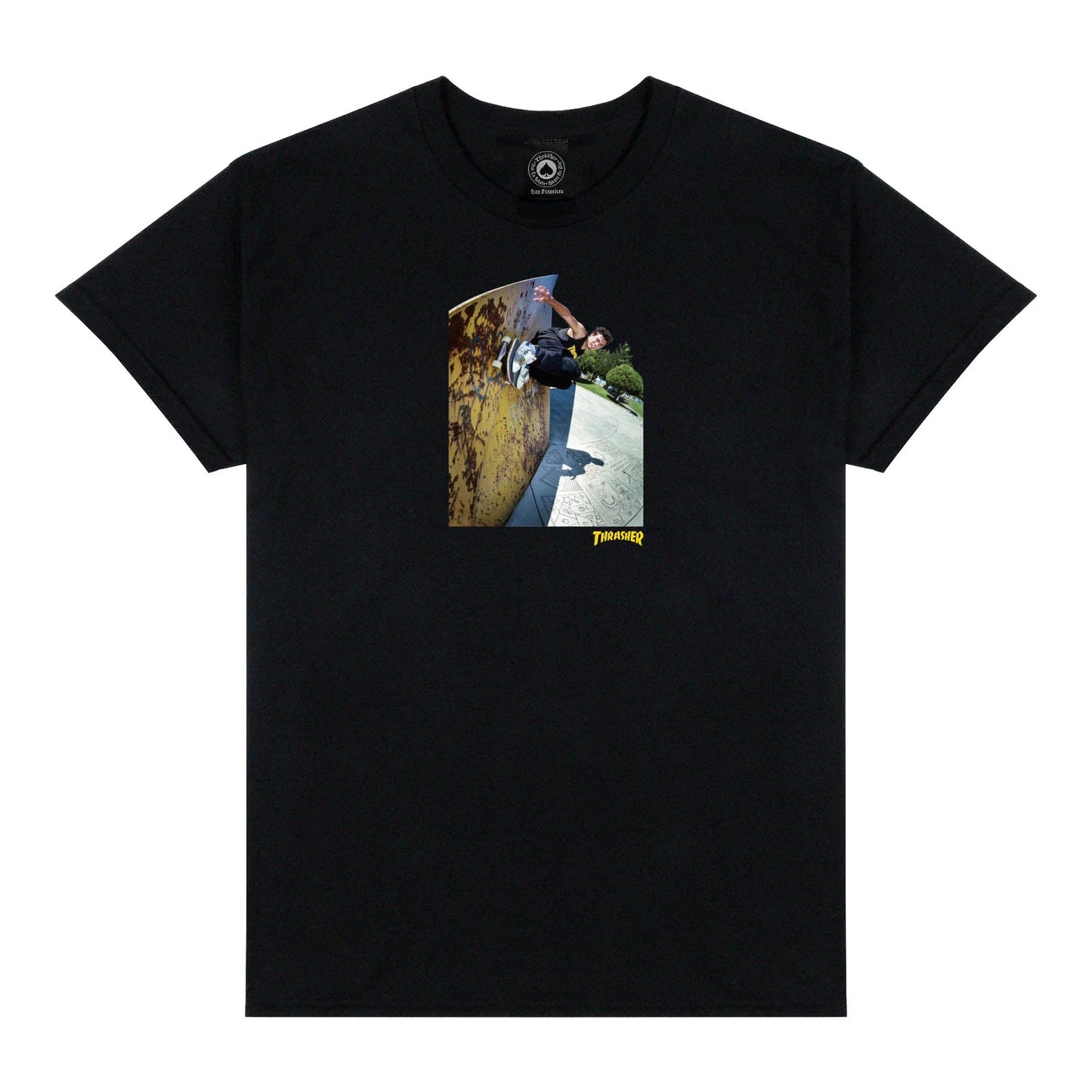 Black t-shirt with a graphic of a person on a skateboard and a rusted object, on a white background.