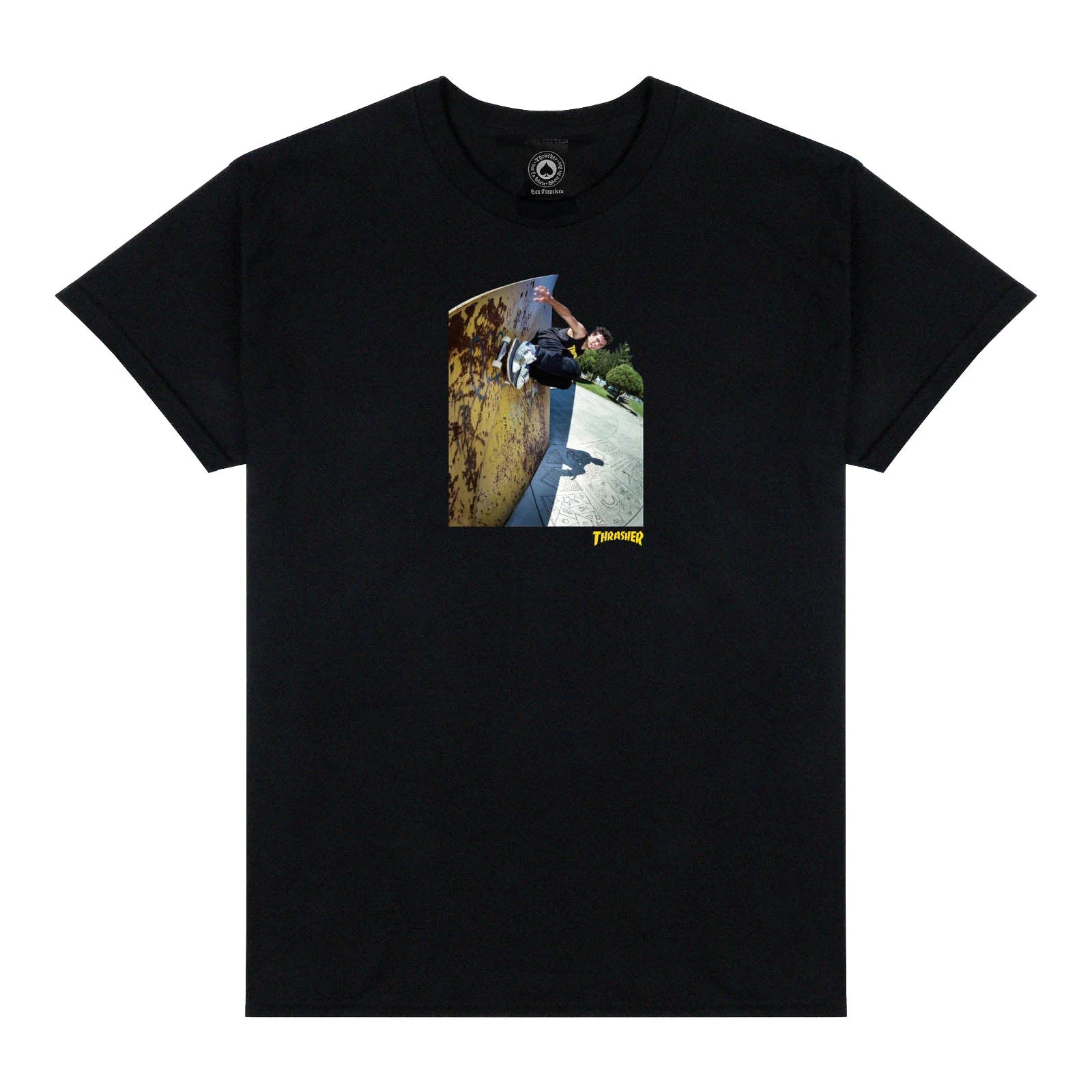 Black t-shirt with a graphic of a person on a skateboard and a rusted object, on a white background.