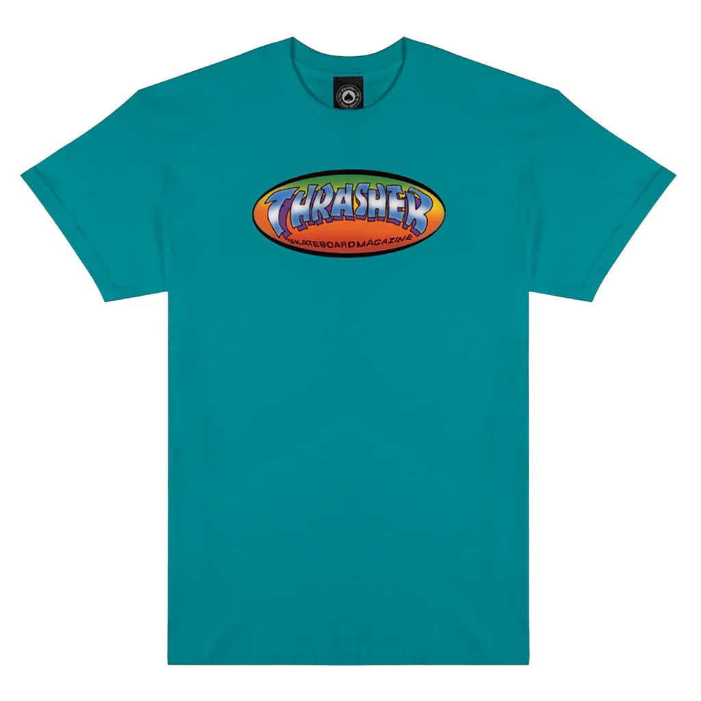 Teal t-shirt with a colorful 'Thrasher' logo on a white background