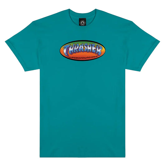 Teal t-shirt with a colorful 'Thrasher' logo on a white background
