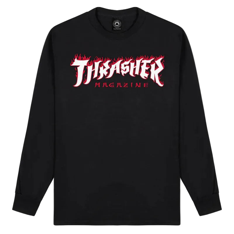 Black long-sleeve shirt with Thrasher Magazine logo on a white background